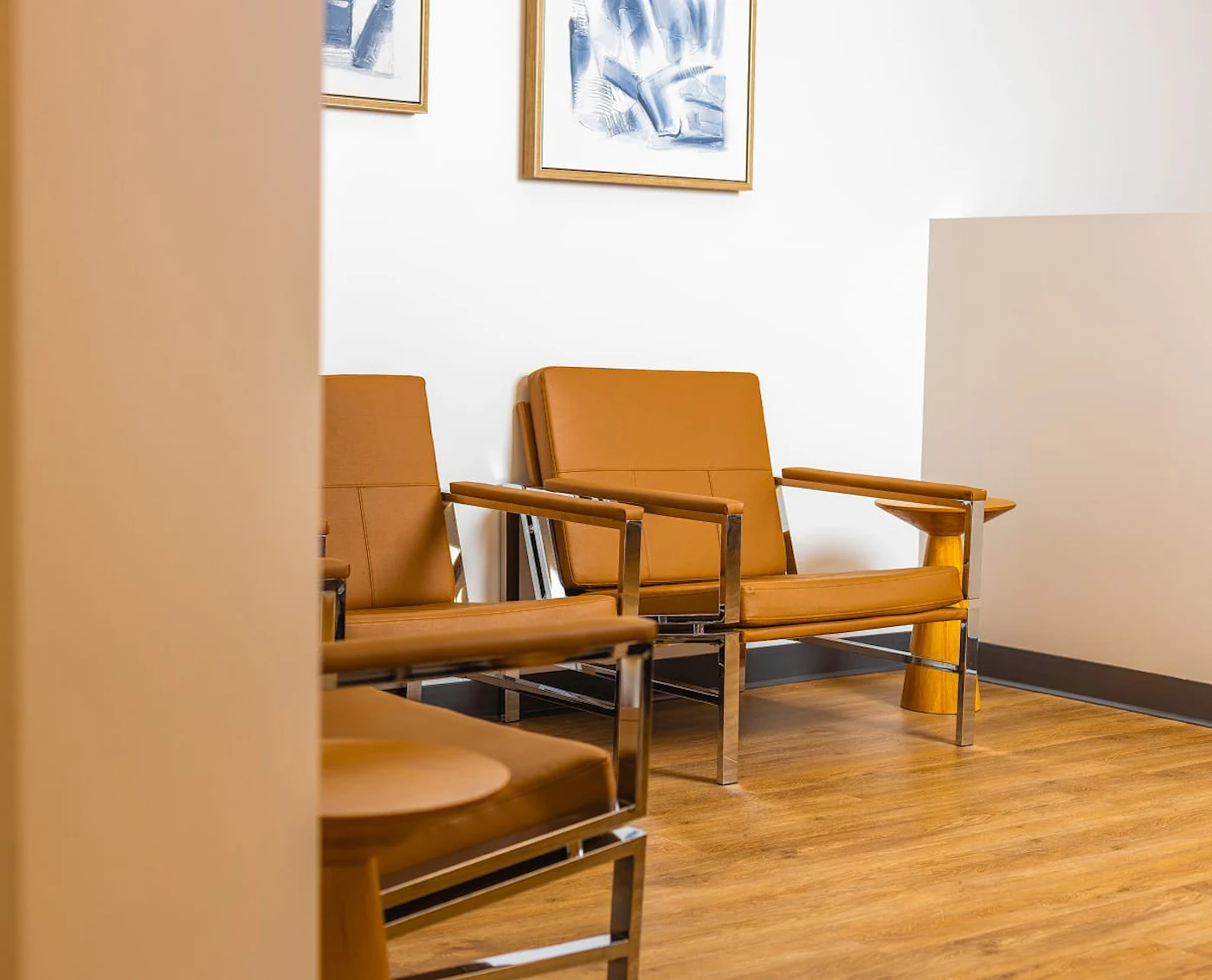 Leather lounge chairs in a bright consultation waiting room